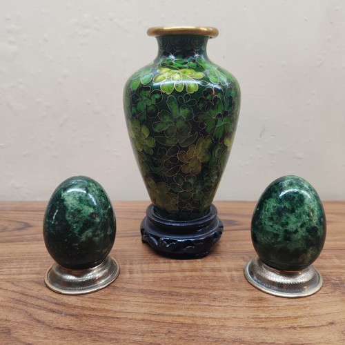 Cloisonné enamel vase set 16 cm like new, green shades