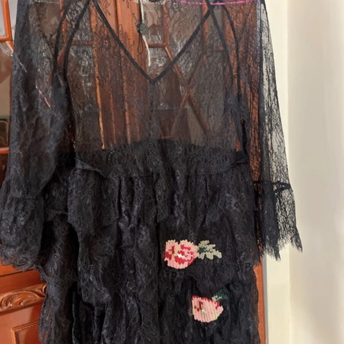 Twinset dress black with pink floral embroidery, S-M