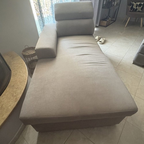 Recliner sofa Praktiker with storage and headrest mechanism, beige-gray