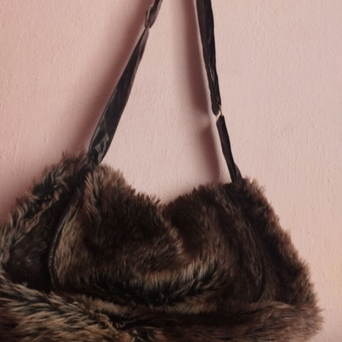 Boho Shoulder Bag New, Synthetic Fur Brown Melange