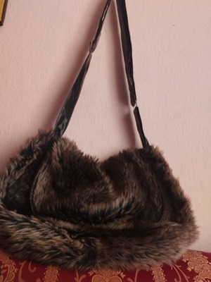 Boho Shoulder Bag New, Synthetic Fur Brown Melange