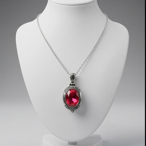 Gothic Locket Box Pendant with Red Crystal and Carved Branches, New