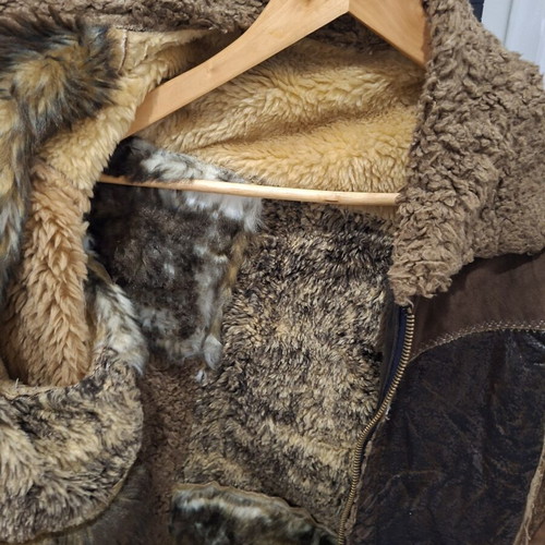 Energy jacket used, warm, beige and brown, patchwork fur and suede