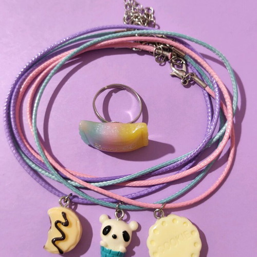 Set of 3 kids' necklaces cookies and ice cream with gift steel candy ring new
