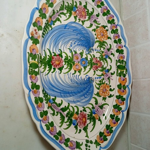 Oval Greek handmade ceramic platter with peacock design like new