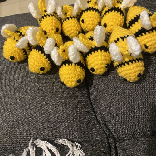 Handmade bee keychains pack of 10, black and yellow