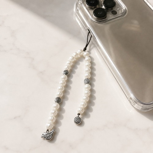Handmade mobile phone charm with pearls and metal bird ZP-001