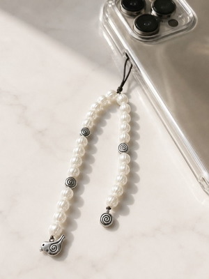 Handmade mobile phone charm with pearls and metal bird ZP-001