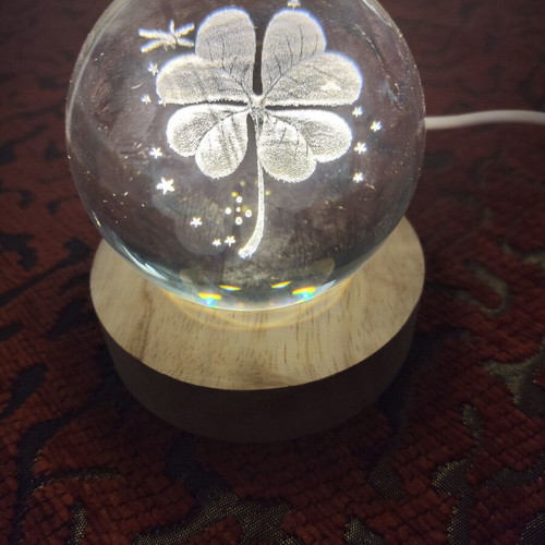 Crystal ball lamp with wooden base and four-leaf clover, new
