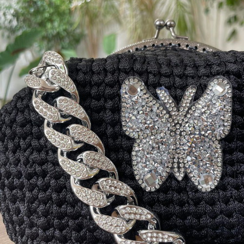 Handmade black knitted handbag with rhinestone butterfly and crystals, new