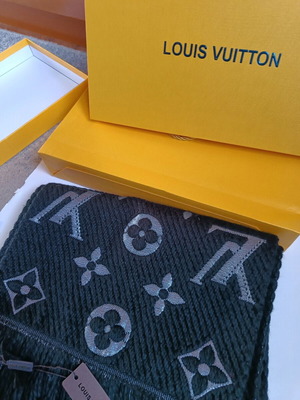 Louis Vuitton Black Wool/Silk Scarf with Metallic Silver Logo New