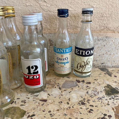 Collectible vintage miniature bottles used, set of 15, Metaxa and Ouzo