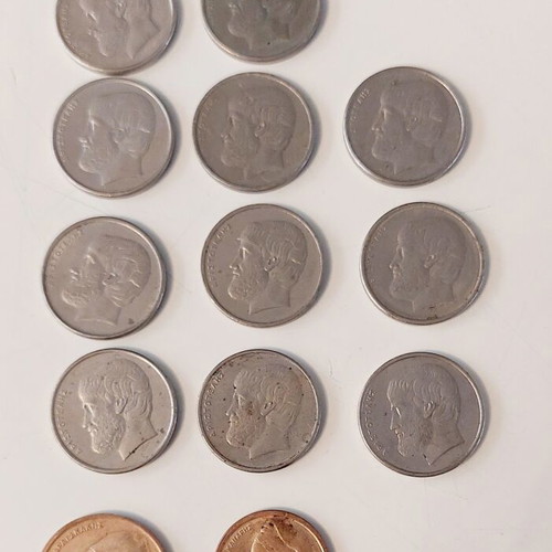Greek coins used, set of 13 drachmas including Aristotle 5 drachmas