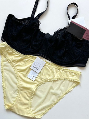H&M lingerie set new black lace bra 90D/C and yellow bikini L