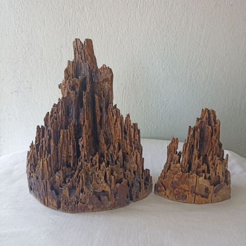 Carved wood pieces used with natural wear, set of 2