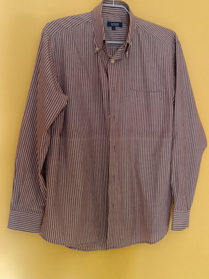 Vintage TextBasic men's shirt used, Large, striped burgundy with white