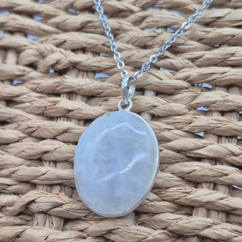 Moonstone Silver 925 Necklace with Oval Pendant and Stainless Steel Chain