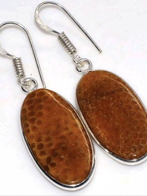 Fossil Coral Handmade Earrings 1.8" 925 Silver Plated