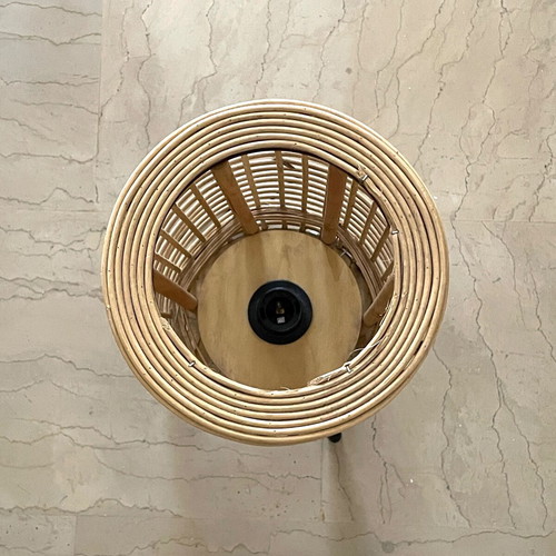 Wooden woven table lamp used, beige with black legs
