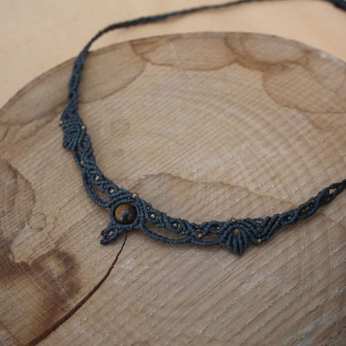 Macrame necklace green with tiger eye gemstone and bronze beads new