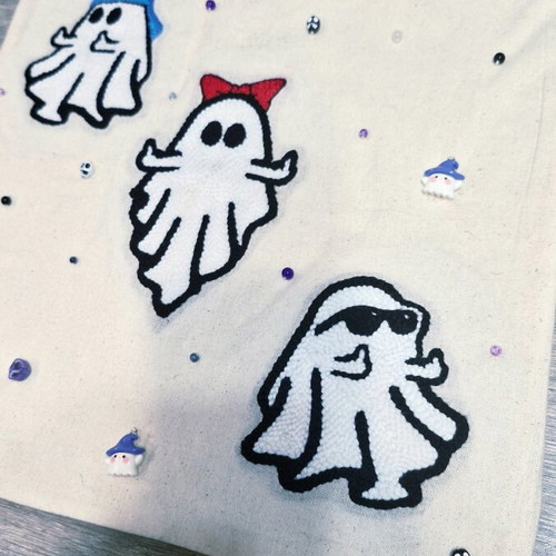 Handmade shoulder tote bag with three ghosts, cotton, new