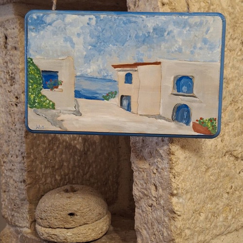 Handmade wooden hanging plaque Cycladic landscape decorative