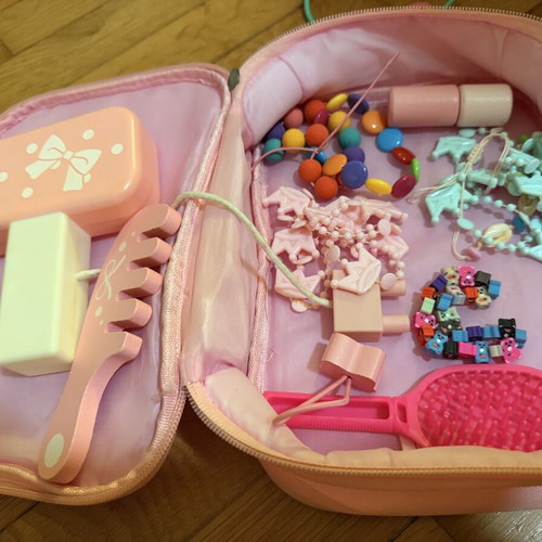 Wooden Beauty Kit in Pink Toiletry Bag used