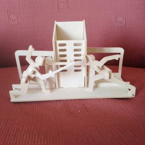 3D wooden puzzle pencil holder with fencing theme like new