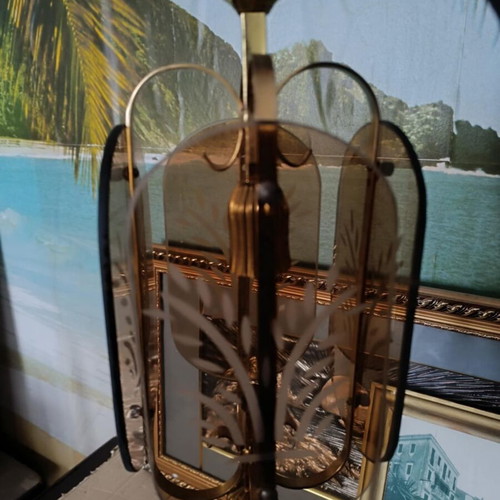Vintage ceiling light with brass frame and patterned glass