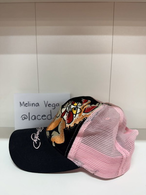 Ed Hardy trucker hat with cartoon rabbit embroidery, pink mesh back, like new