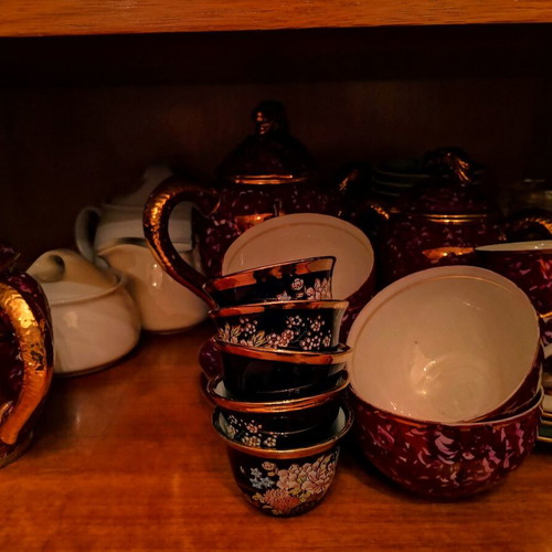 Japanese tea or sake cups set of 10 porcelain with cobalt and gold vintage