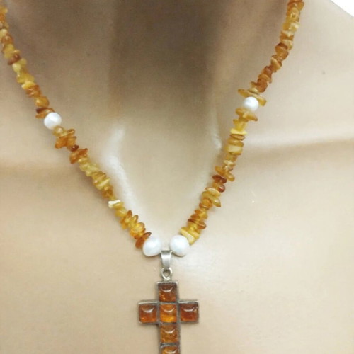 Amber cross with necklace and natural pearls, like new