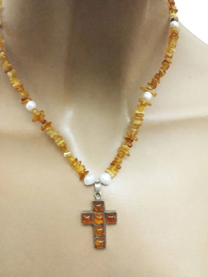 Amber cross with necklace and natural pearls, like new