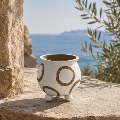 Ceramic Iliadis planter new, modern minimal design, white with brown circles