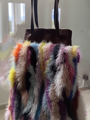 Handmade leather bucket bag with colorful mink and fox look fur new