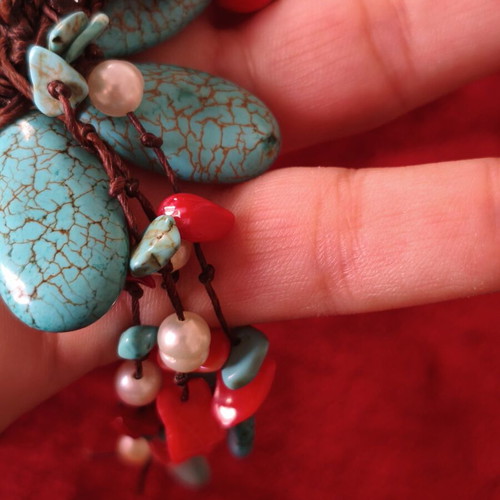 Handmade necklace with turquoise, coral and river pearls like new