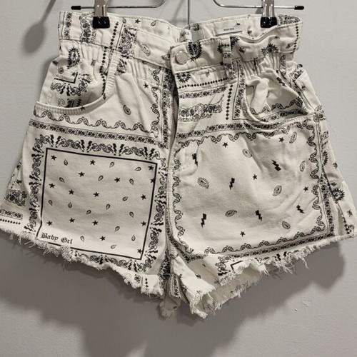Bershka white denim shorts with bandana pattern, used, size M