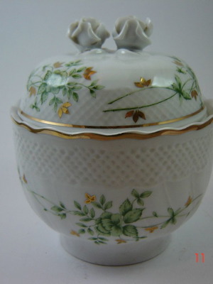 Old porcelain fondant dish white with gold and green flower details used