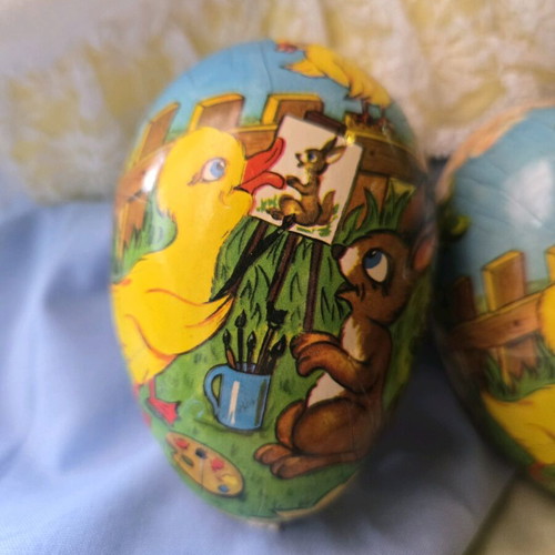 Vintage Easter papier mache eggs used, Germany 1950, set of 2