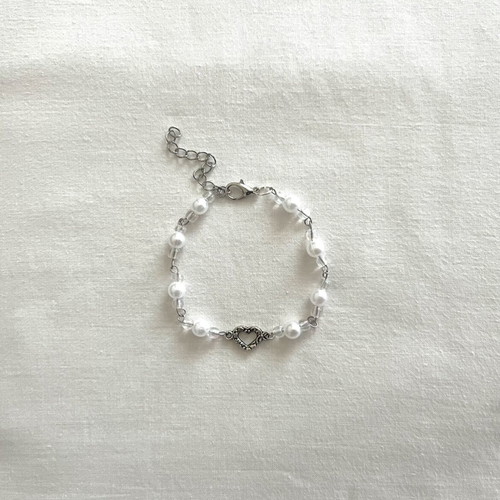 Pearl Heart Bracelet handmade with clear glass beads and vintage silver heart