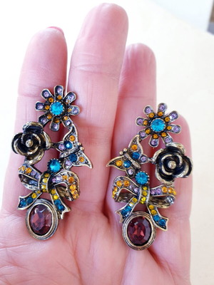 Vintage ethnic gold-plated earrings with multicolor rhinestones like new