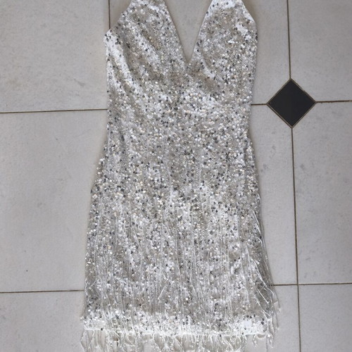 Mini dress with sequins and fringes, white and silver
