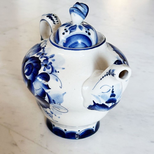Gzhel porcelain handmade teapot coffee pot used 1990s