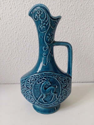 Vintage κεραμικό βάζο κανάτα μεταχειρισμένο, πετρόλ με ανάγλυφο ελάφι