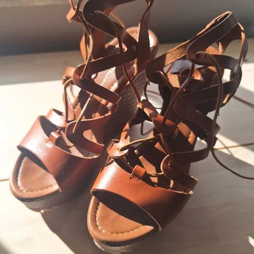 Mourtzi Tan Brown Genuine Leather Wedge Sandals Platform Size 37 Like New