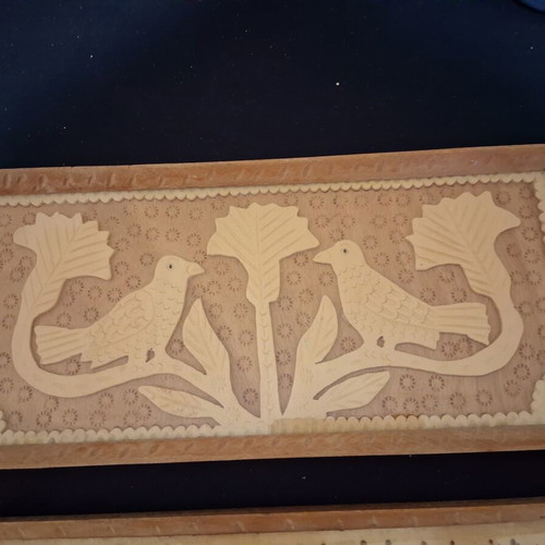 Woodcarved serving trays with glass, like new, set of 2