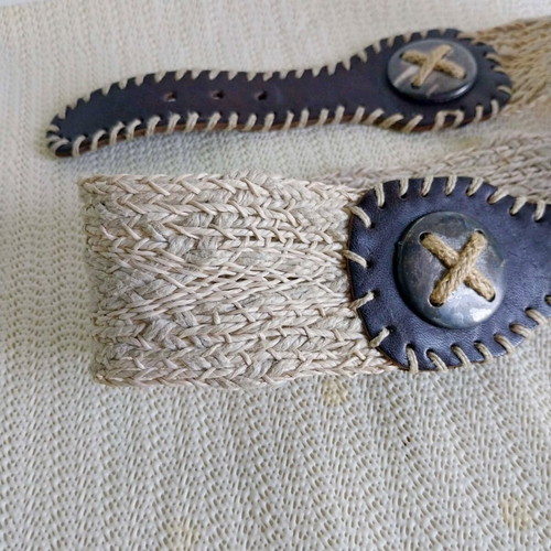 Vintage Dirndl Belt like new, woven jute and dark leather with decorative buckle