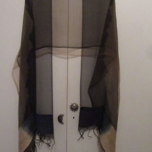 Silk women's scarf abiye style, new, beige and black with blue