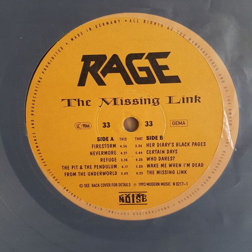 Rage The Missing Link LP used, authentic 1st edition 1993
