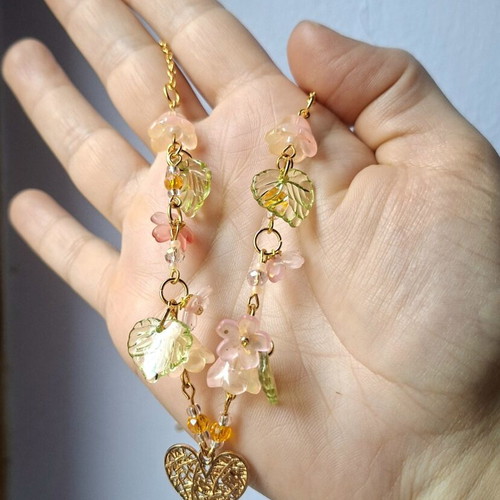 Women's gold-tone necklace with pink flowers, handmade